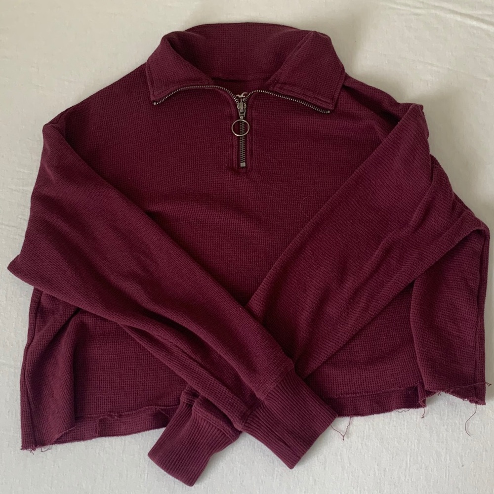 burgundy cropped half zip long sleeve top